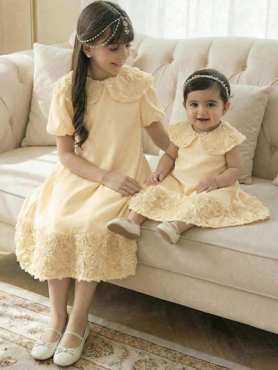 女婴优雅网纱刺绣玫瑰花无袖宽松A字缎面网纱刺绣连衣裙，适合婚礼、花童、节日派对等场合，香槟色/卡其色 - 香檳色 - 查看 1