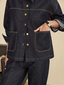 Dazy-Less Spring/Summer Romantic Design Loose Casual Commute Elegant Blue Shirt And Straight Leg Jeans Women 2-Piece Suit - Blue - View 8