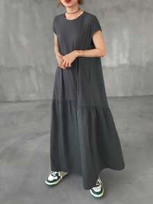 FRIFUL 女士圆领混纺宽松长款连衣裙 - 黑色 - 查看 6