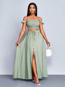 SOLERSUN 女士度假浪漫优雅亚麻质感露肩小飞袖短款上衣搭配A字前开衩长裙套装，女士两件套，休闲日常穿着 - 綠色 - 查看 3