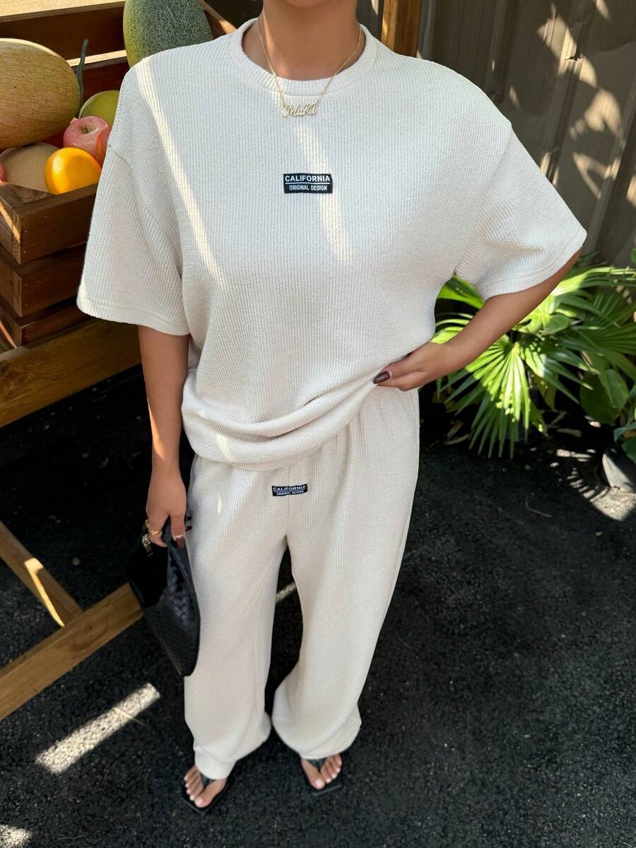 Muchica Women's Two-Piece Loose Striped Round Neck Drop Shoulder Short-Sleeved T-Shirt And Elastic Waist Striped Pants, Autumn Knitted Set, Spring/Summer Casual Spring Set.Summer Holiday Outfits - Khaki - View 1