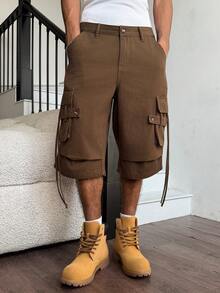 Manfinity EMRG 男士休闲多口袋翻盖工装军绿色牛仔短裤 - 軍綠色 - 查看 5