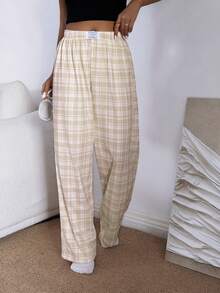 Dream Adore Pantalones de pijama rectos de cintura elástica con estampado de cuadros rosas para mujer - Caqui - Ver 4
