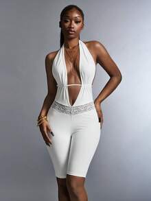 Amplova Women's Casual V-Neck Contrast Lace Bodycon Jumpsuit - White - View 6