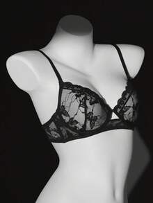 SHEIN Áo ngực ren thoáng khí, màu trơn, thời trang, gợi cảm dành cho nữ - màu đen - Xem 7