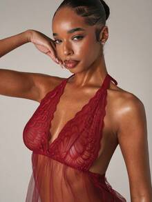 SHEIN BAE 女士蕾丝与网眼撞色露背娃娃裙内衣 - 酒紅色 - 查看 5