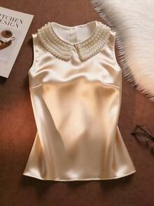 Lyxana Women's Sleeveless Solid Color Elegant Beaded Collar Blouse - Apricot - View 1