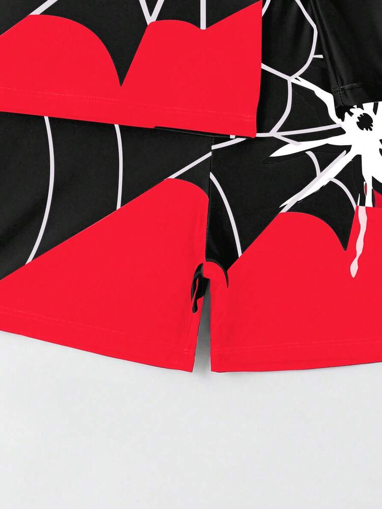 SHEIN GraphicGems Tween Boy Beach Vacation Spider & Letter Patchwork Print Raglan Long Sleeve Swimwear Set Boys Rash Guard Set Boy Swimsuit Set Long Sleeve Boys Pajama Set For 10 Year - Black - View 5