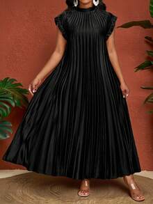 SHEIN CURVE+ Curve Size US22Music Festival, Seaside Vacation, BohemiaLadies In , Elegant Parties For Spring, Summer, Autumn, And Winter, Weddings, Cocktail Parties, Bohemian Beaches, Gold Standing Collar Woven Flour A-Line Dresses, Long Dresses, Women's Dresses - Black - View 3