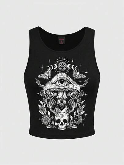ROMWE Gothic Dark Mysterious Mushroom, Sun, Moon, Star, Moth Wing, Skull Women Tank Top