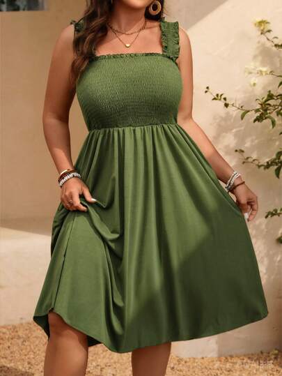 GlowEve CURVE Plus Size Casual Solid Color Ruffle Strap Dress