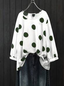 SHEIN CURVE+ 优雅通勤度假风休闲女装，畅销百搭舒适面料，圆领长袖常规款黑白大码衬衫，春夏秋三季皆宜。 - 綠色 - 查看 1