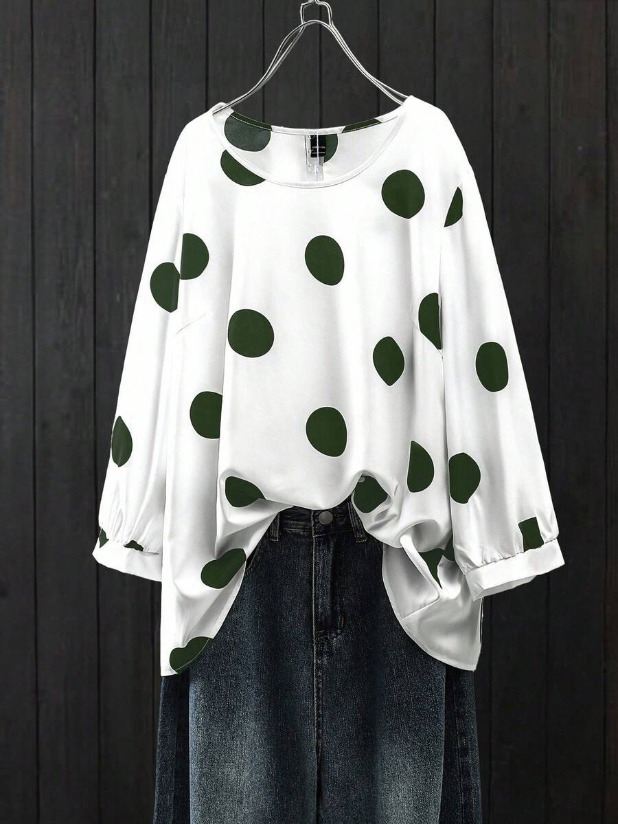 SHEIN CURVE+ 优雅通勤度假风休闲女装,畅销百搭舒适面料,圆领长袖常规款黑白大码衬衫,春夏秋三季皆宜。 - 綠色 - 查看 1