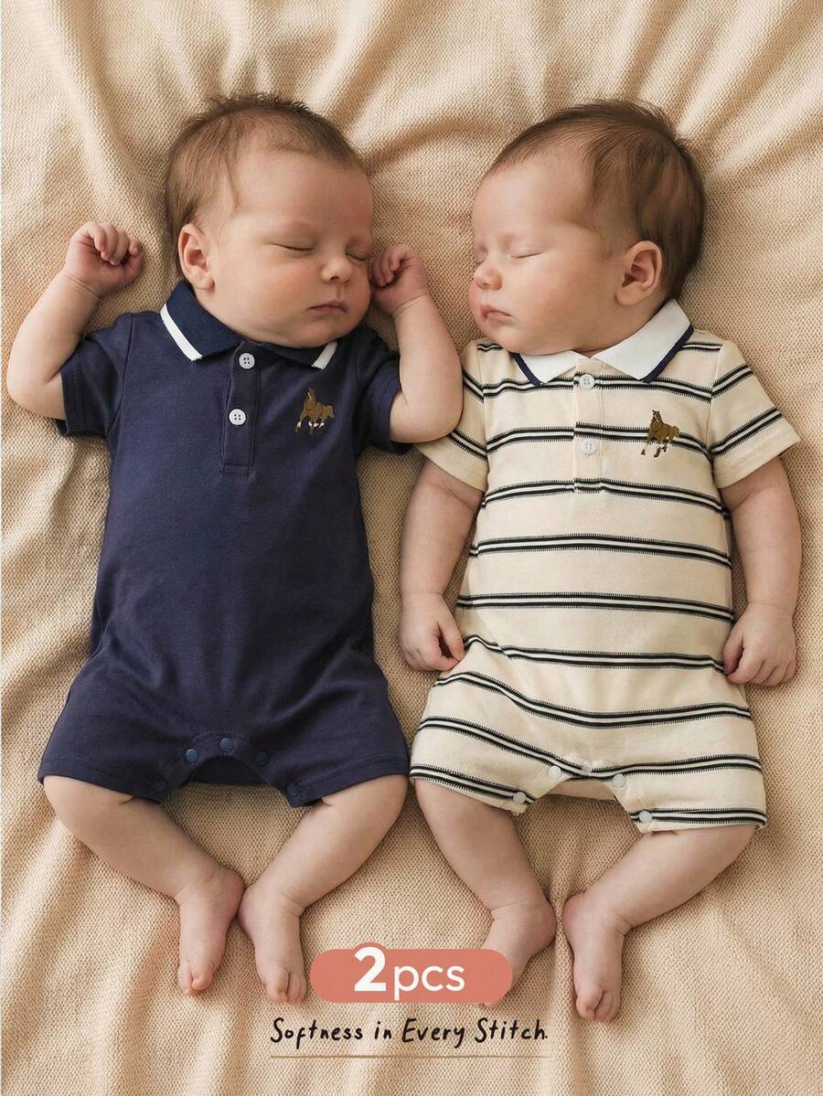 Cozy Pixies Newborn Baby Boy/Girl Cartoon Animal Striped Lapel Short Sleeve Romper & Shorts 2pcs Set Baby Sportswear Baby Golf Clothes Preppy Baby Boy Clothes Baby Boy Short Sleeve Suits - Multicolor - View 1