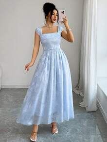 Modelyn 夏季法式浪漫高端提花无袖吊带束腰喇叭优雅连衣裙，女士款 - 藍色 - 查看 4