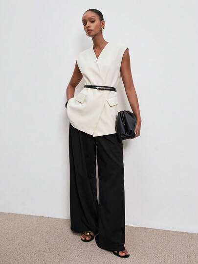 ATUI Studio Women's Sleeveless V-Neck Wrap Blazer Vest, Solid Color Minimalist Casual Waistcoat, Spring Summer Everyday Layering Outfit For Office Work Going Out