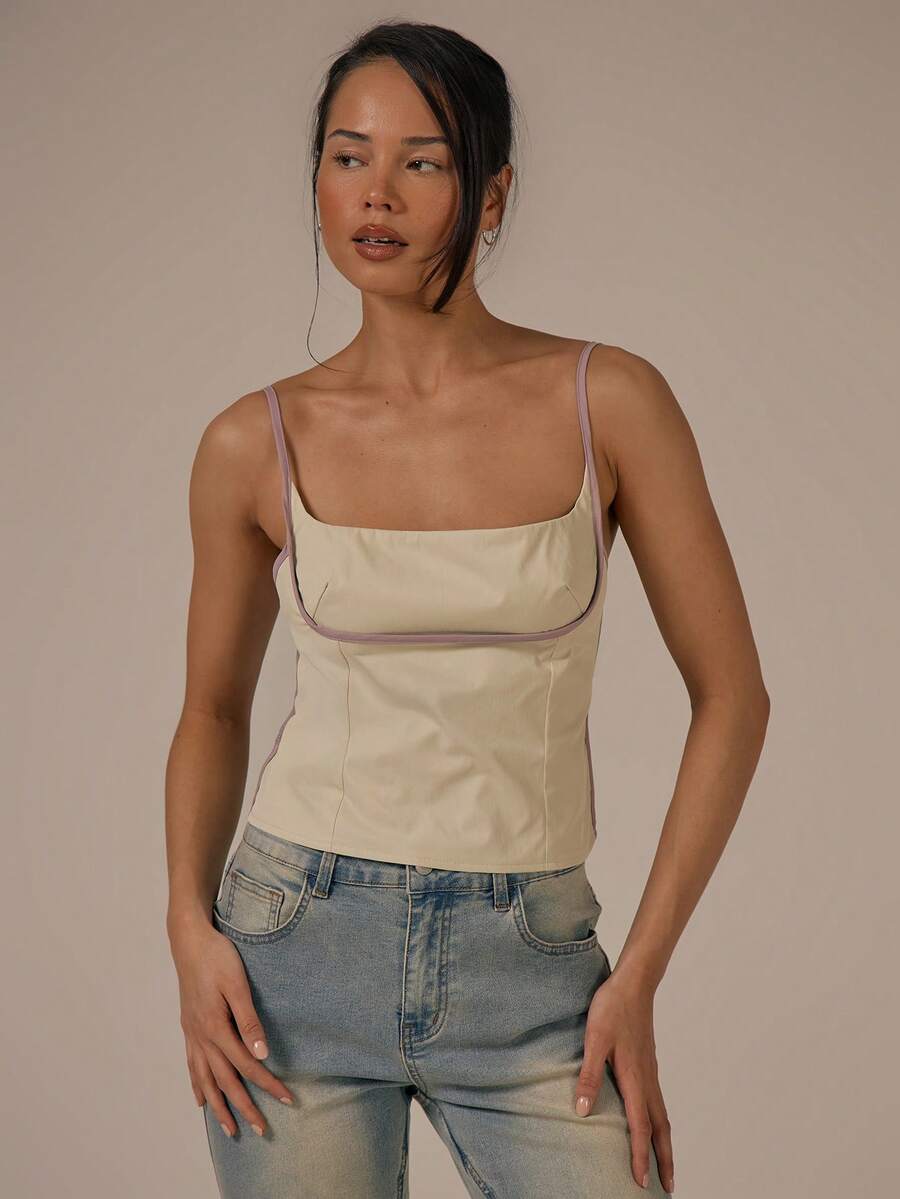 MUSERA Contrast Binding Fitted Strappy Top Spring Summer Cute Cosy Cottage Core Spring Dew - Light Yellow - View 1