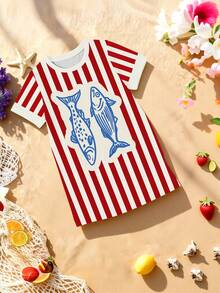 Gaun Kaos Lengan Pendek Motif Ikan Garis Vertikal Merah & Putih Minimalis, Bergaya Kasual, Kreatif, dan Personal untuk Anak Perempuan, Nyaman untuk Dipakai Sehari-hari, Cocok untuk Musim Panas & Gugur. - MultiWarna - View 4