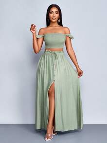 SOLERSUN 女士度假浪漫优雅亚麻质感露肩小飞袖短款上衣搭配A字前开衩长裙套装，女士两件套，休闲日常穿着 - 綠色 - 查看 6