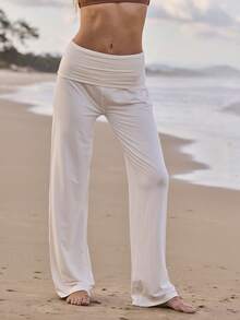 Aralina Leisurewear White Active Spring Summer Exercise Vacation Beach Loose Fit Wide Leg Fleece Pant With Wide Waistband - White - View 4