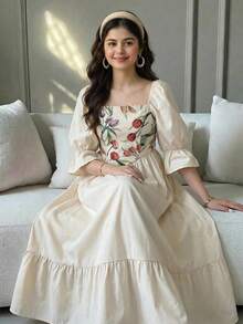 SHEIN Teen Girl Spring/Summer Casual Vacation Apricot Tulip Floral Print Woven Petal Sleeve Patchwork A-Line Cinched Waist Dress KIDS - Apricot - View 3