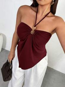 Firerie 大码女士优雅金属装饰不对称下摆吊带背心，夏季 - 酒紅色 - 查看 2