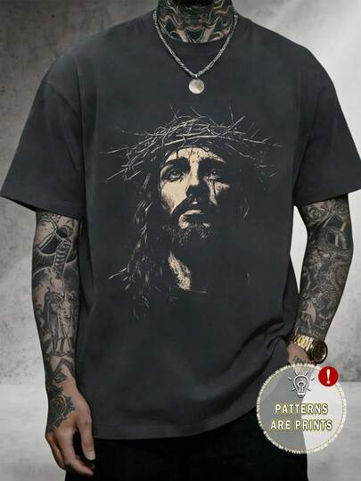 Manfinity Dauomo Herr-t-shirt med kort ärm och Jesus-motiv