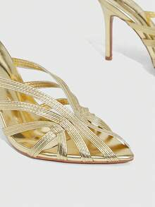 CUCCOO SZL Champagne Color Rhinestone Embellished Mesh High Heel Sandals Valentine's Day Spring Shoes Prom Heels Summer Shoes - Gold metal PU - View 6