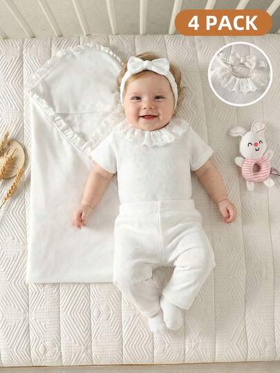 SHEIN 新生女宝宝4件套白色荷叶边领短袖连体衣+蝴蝶结发带+裤子+襁褓毯婴儿夏季服装套装