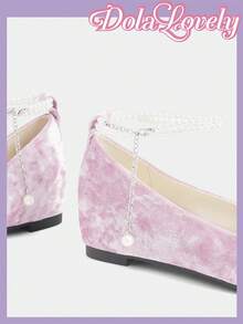 Dola Lovely 女鞋尖头粉色天鹅绒内里增高珍珠蝴蝶结轻薄单鞋洛丽塔服饰 - 粉色 - 查看 4