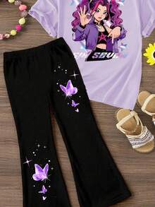 Sparklyn 两件套少女休闲创意个性清新时尚简约韩流虚拟女团印花T恤和喇叭裤套装，舒适日常穿着，适合春、夏、秋季。 - 彩色 - 查看 6