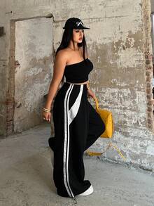 Sunspun Quần dài kẻ sọc phối màu cỡ lớn, thích hợp cho mùa xuân/hè. - Đen và trắng - Xem 4