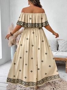 Breezaya Vestido maxi con volantes en el hombro y la cintura para mujer de talla grande, elegante vestido de playa para vacaciones - Albaricoque - Ver 2