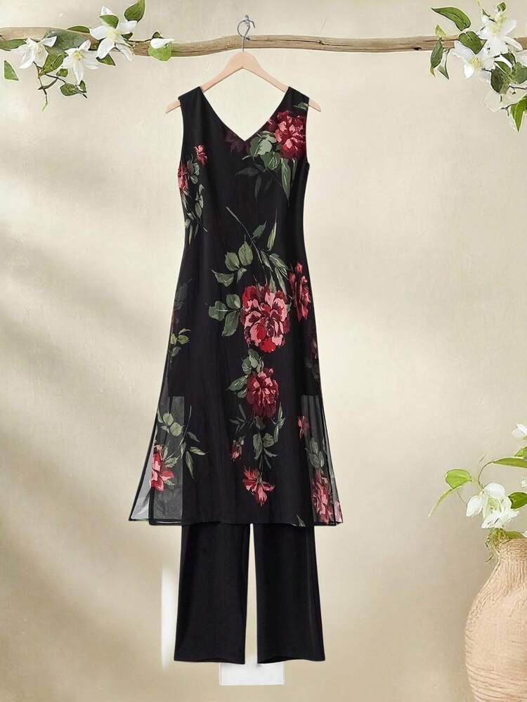 Plus Size Women's Two Pieces Set,Boho Black And Red Floral Print Sleeveless Top And Pants Set,Elegant Summer Vacation Outfits,Wedding,St Patrick Day