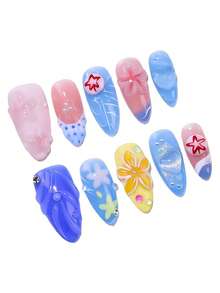 ROMWE Anime 10 Cute Simple Flowers, Love Stars, Fake Nail Pads And A Piece Of Double-Sided Tape. - Blue - View 2