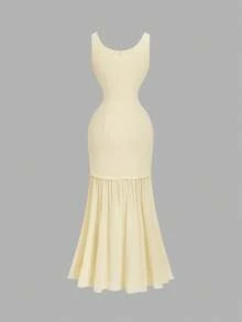 SHEIN MOD Women's Elegant Pale Yellow Chiffon Ruffle V Neck Sleeveless Fitted Ruched Mermaid Maxi Dress - Pale Yellow - View 5