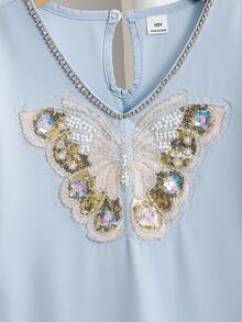 少女休闲亮片蝴蝶刺绣V领长袖连衣裙，秋季款 - 藍色 - 查看 6