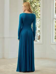 MOTF PREMIUM 女士长袖方领褶裥下摆纯色优雅修身连衣裙，春夏款 - 寶藍色 - 查看 3