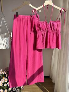 Comfortcana Woven Fuchsia Linen Tank Top And Pants Set - Hot Pink - View 3