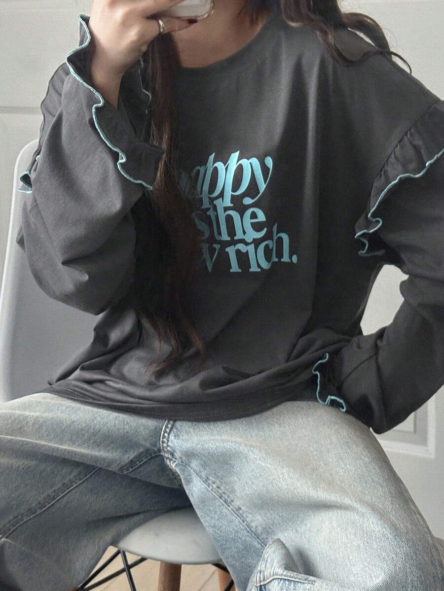 FRIFUL 女士字母印花荷叶边下摆休闲百搭日常长袖T恤 - 灰色 - 查看 1