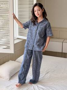 DAZY Tween Girl Floral Print Drop Shoulder Loose Shirt And Pants Pajama Set, Spring/Summer/Autumn - Blue - View 6