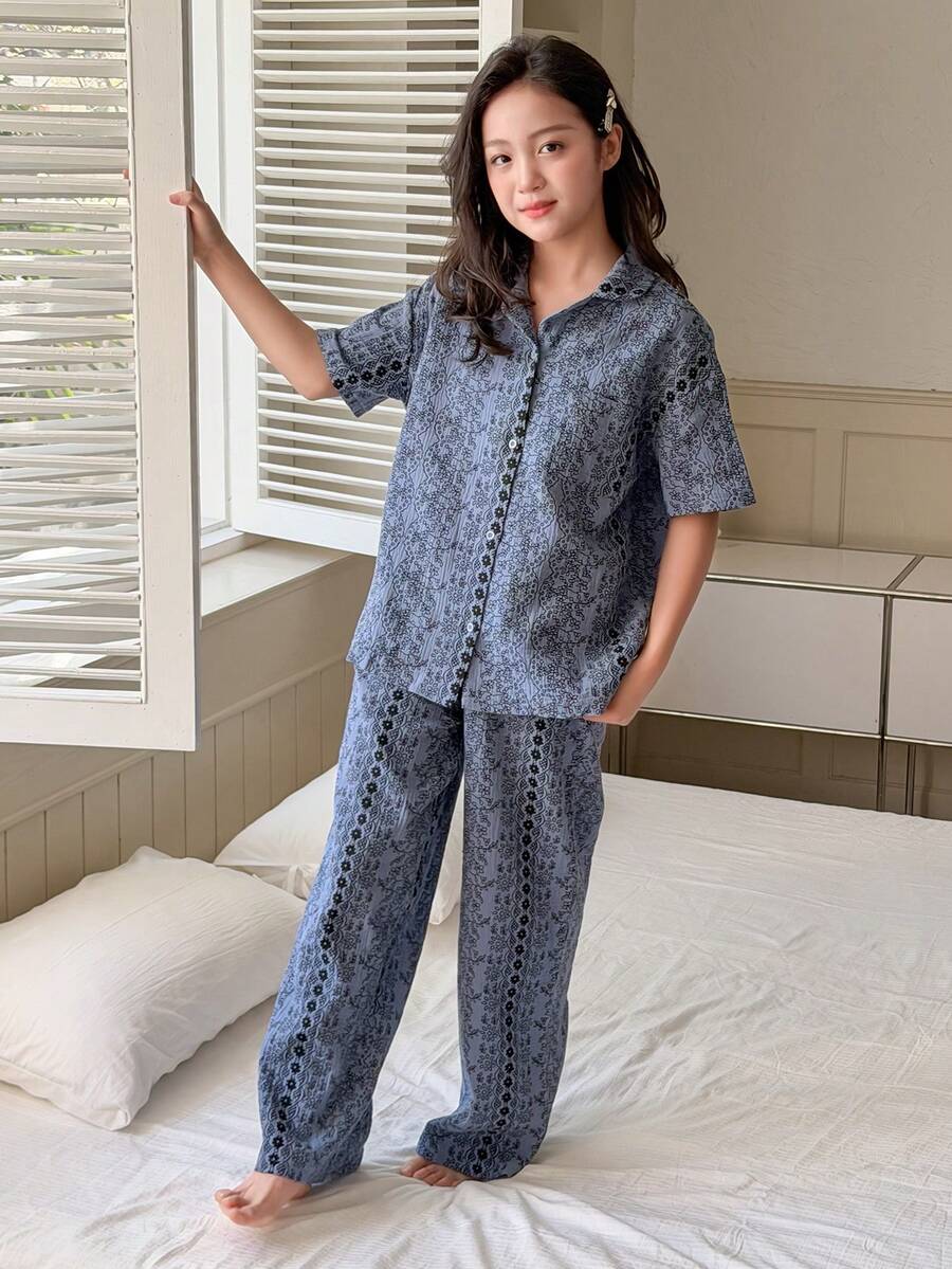 DAZY Tween Girl Floral Print Drop Shoulder Loose Shirt And Pants Pajama Set, Spring/Summer/Autumn - Blue - View 1