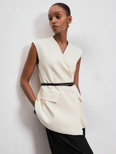 ATUI Studio Women's Sleeveless V-Neck Wrap Blazer Vest, Solid Color Minimalist Casual Waistcoat, Spring Summer Everyday Layering Outfit For Office Work Going Out