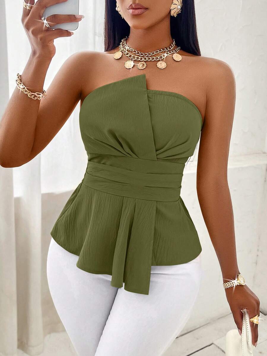 SOLERSUN Solid Ruched Asymmetrical Hem Tube Off Shoulder Top - Army Green - View 1
