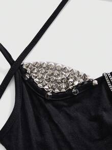 ROMWE Punk Rivet Sexy Halter Backless Crop Top, Tight Fitting Y2K Style - Black - View 3