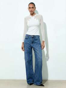 Maija Black V-Neck Eyelet Design Metal Decor Mesh Patchwork Fitted Waist Long Sleeve Top, Versatile For Urban Chic, Autumn/Winter - White - View 4