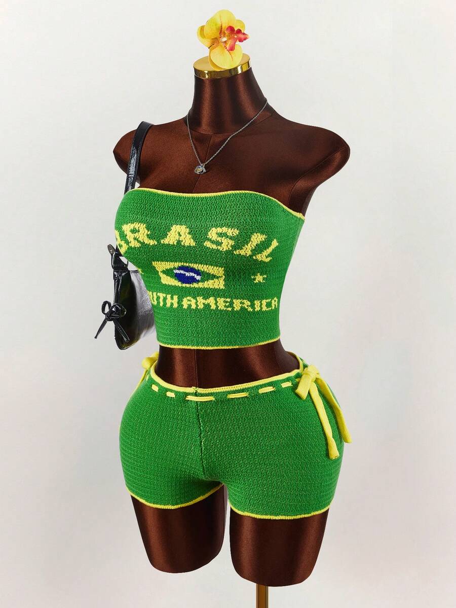 Amplova Bộ áo croptop và quần short ngắn phối màu in khẩu hiệu đội tuyển Brazil, dành cho nữ. - Nhiều màu - Xem 1