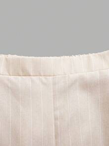 少女休闲优雅通勤街头时尚提花条纹3D蝴蝶结纽扣前襟无袖背心上衣和直筒裤套装 - 杏色 - 查看 7