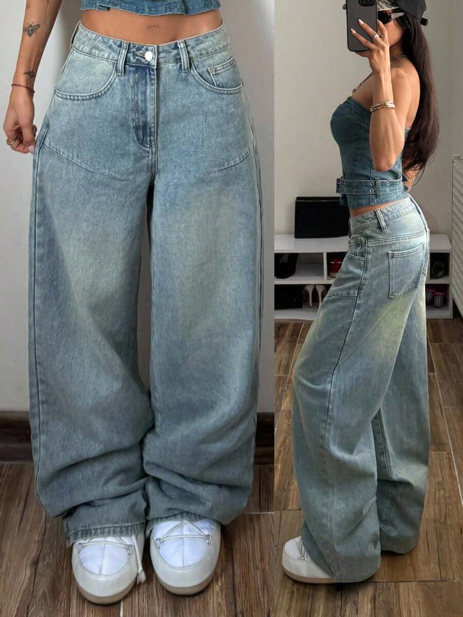 StreetHx Y2K Fashion Casual Retro Street Style Low Waist Wide Leg Jeans - Medium Wash - View 1