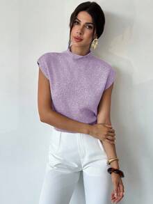 Firerie 优雅高领宽松休闲百搭无袖针织背心，适合外出穿着，秋冬季校园上衣 - 淡紫色 - 查看 5